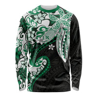 Monstera Plumeria Flowers Green Long Sleeve Shirt Polynesian Pattern