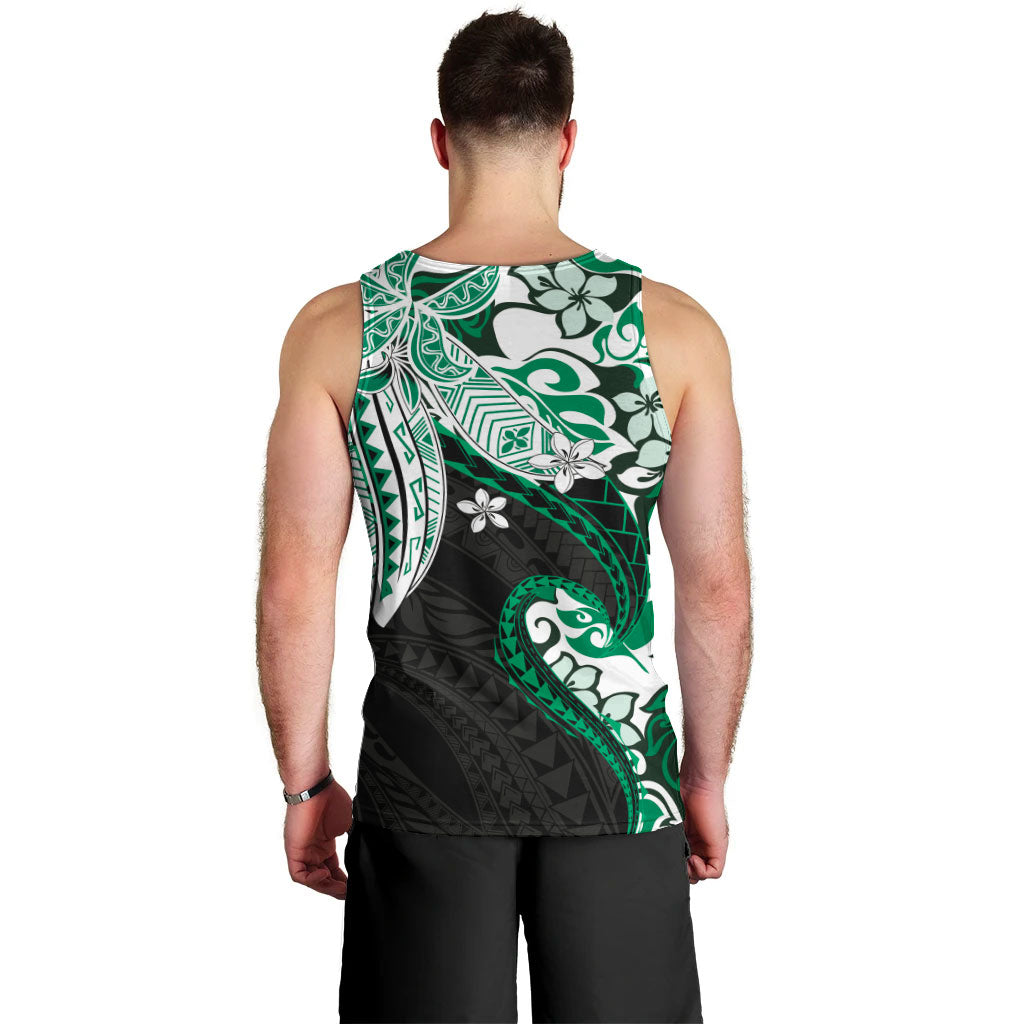 Monstera Plumeria Flowers Green Men Tank Top Polynesian Pattern