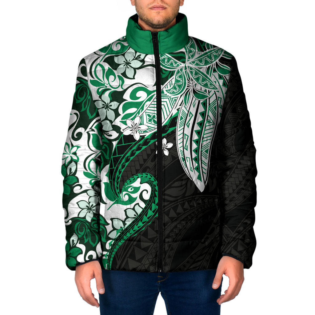 Monstera Plumeria Flowers Green Padded Jacket Polynesian Pattern