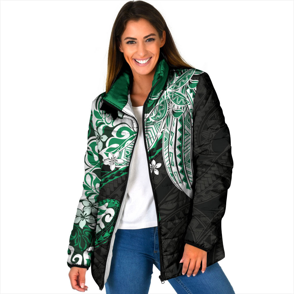 Monstera Plumeria Flowers Green Padded Jacket Polynesian Pattern