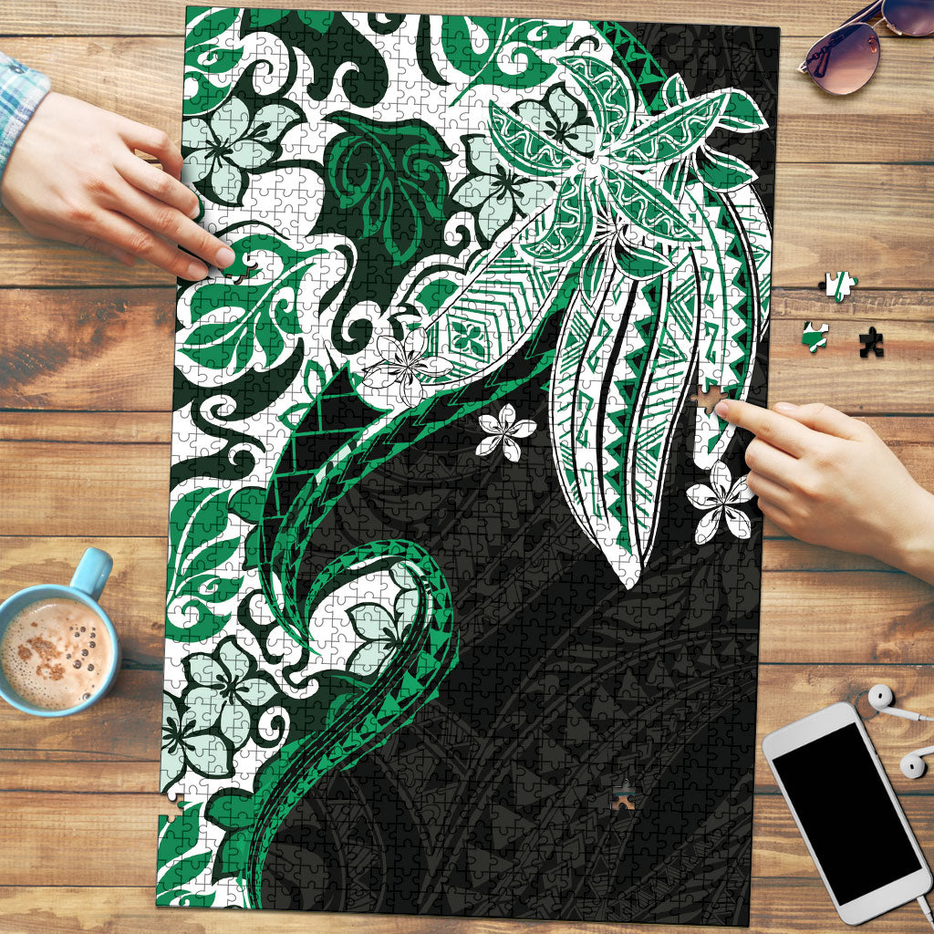 Monstera Plumeria Flowers Green Puzzle Polynesian Pattern