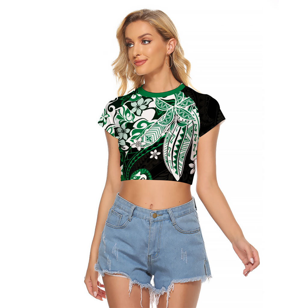 Monstera Plumeria Flowers Green Raglan Cropped T Shirt Polynesian Pattern