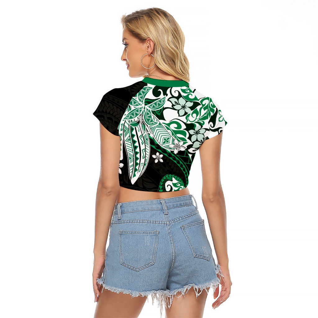 Monstera Plumeria Flowers Green Raglan Cropped T Shirt Polynesian Pattern