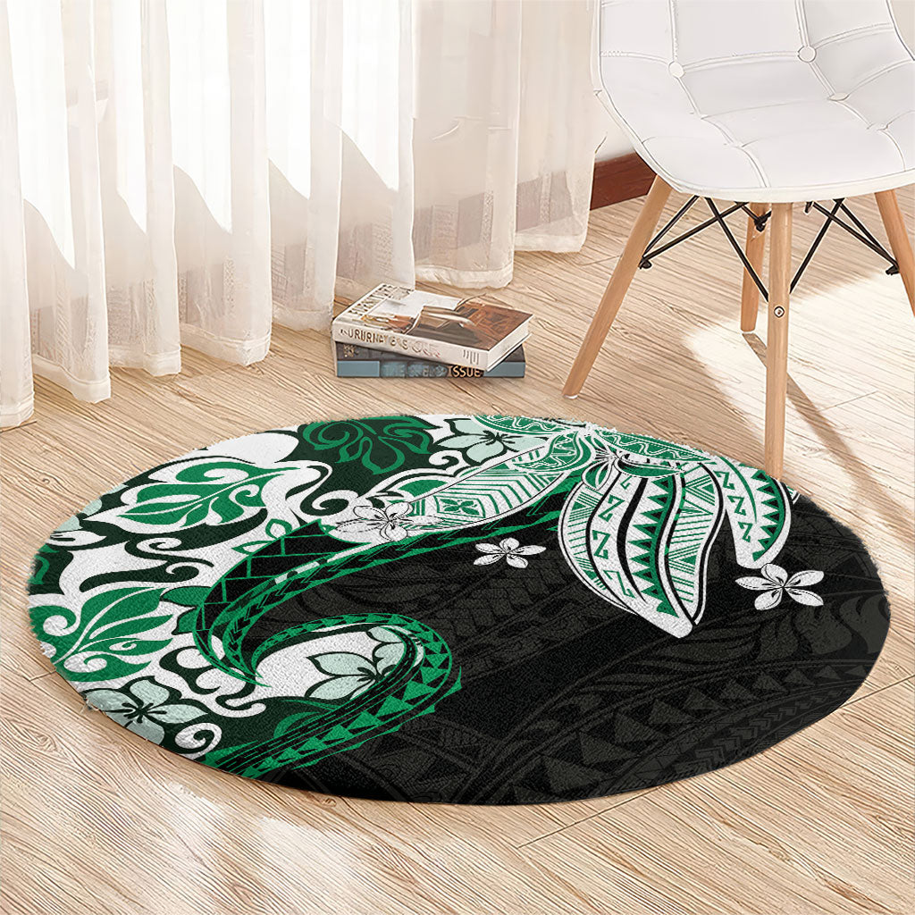Monstera Plumeria Flowers Green Round Carpet Polynesian Pattern