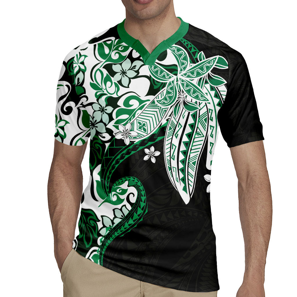 Monstera Plumeria Flowers Green Rugby Jersey Polynesian Pattern