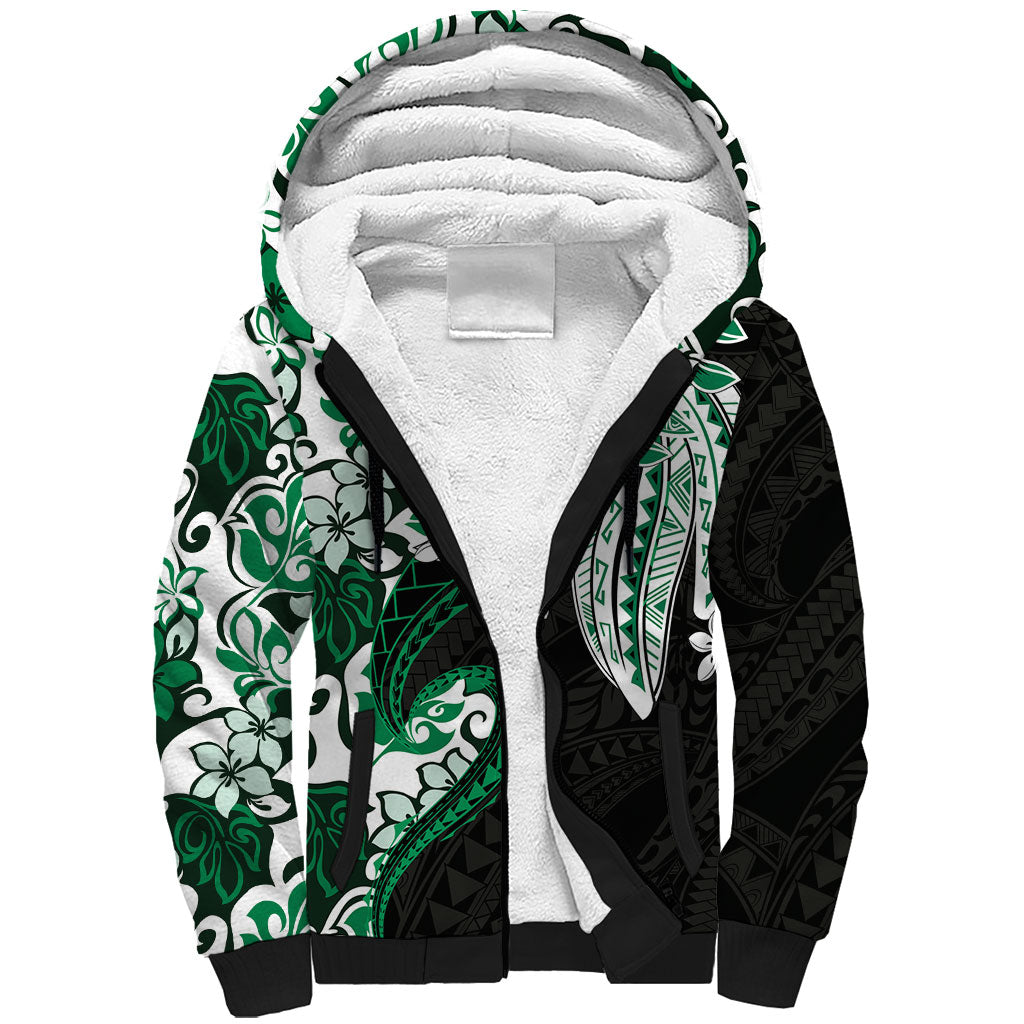 Monstera Plumeria Flowers Green Sherpa Hoodie Polynesian Pattern