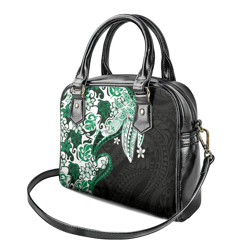 Monstera Plumeria Flowers Green Shoulder Handbag Polynesian Pattern
