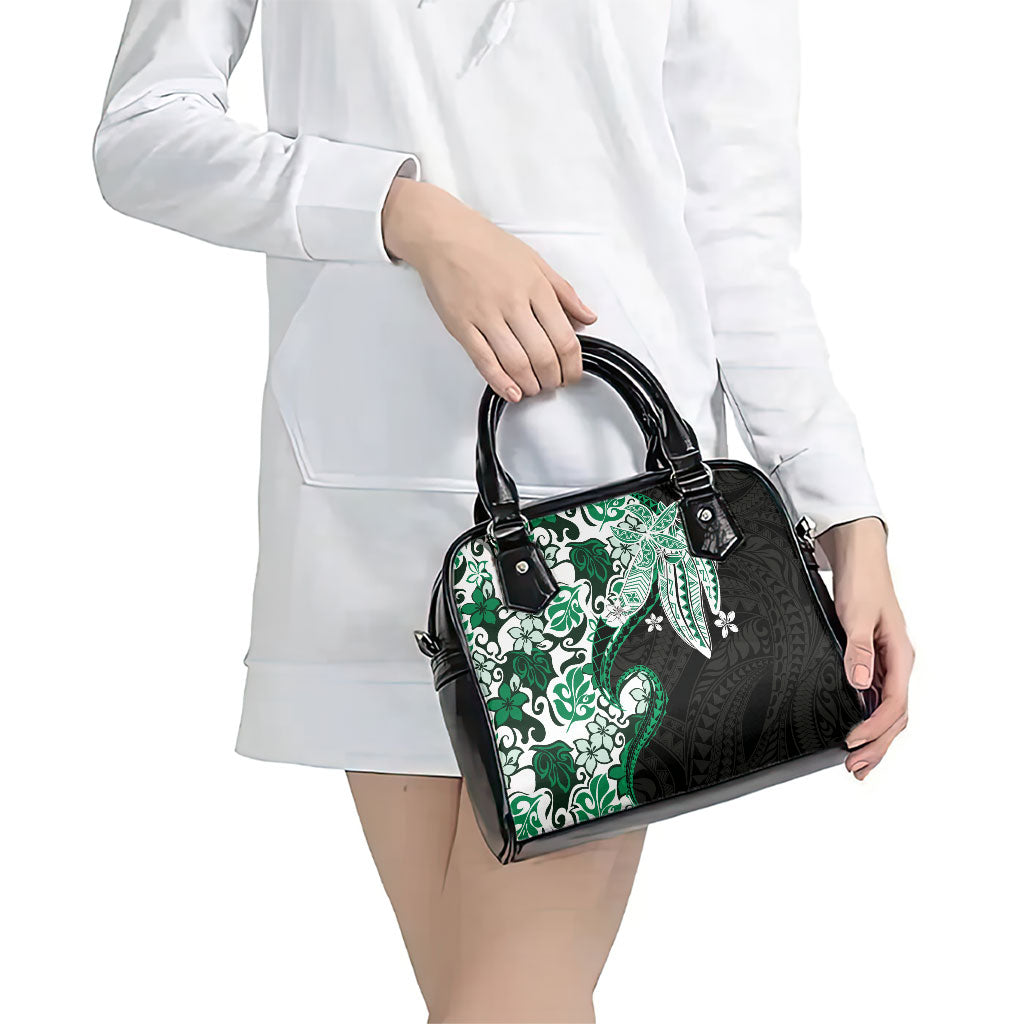 Monstera Plumeria Flowers Green Shoulder Handbag Polynesian Pattern