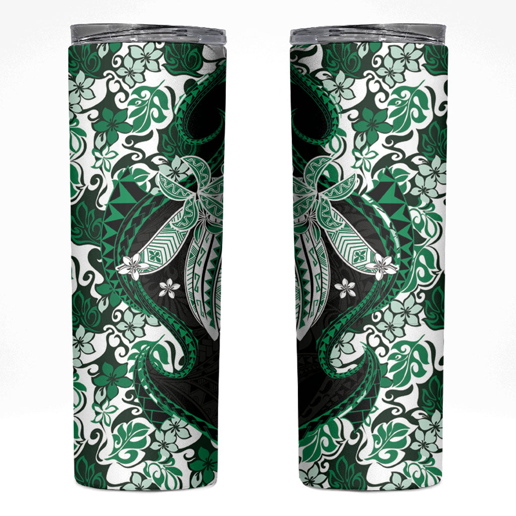 Monstera Plumeria Flowers Green Skinny Tumbler Polynesian Pattern