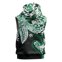 Monstera Plumeria Flowers Green Sleeveless Hoodie Polynesian Pattern