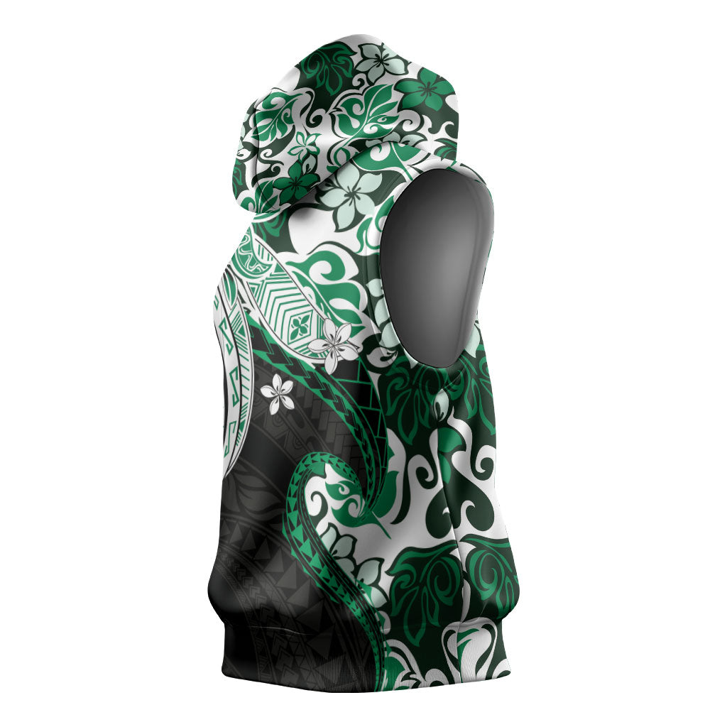 Monstera Plumeria Flowers Green Sleeveless Hoodie Polynesian Pattern