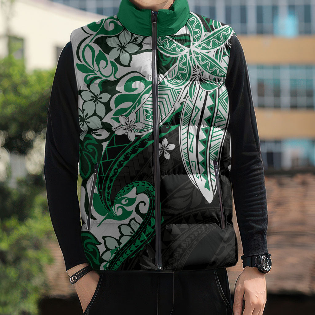 Monstera Plumeria Flowers Green Sleeveless Puffer Jacket Polynesian Pattern