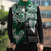 Monstera Plumeria Flowers Green Sleeveless Puffer Jacket Polynesian Pattern