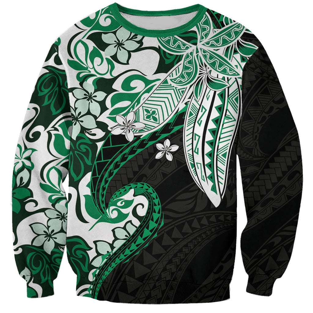 Monstera Plumeria Flowers Green Sweatshirt Polynesian Pattern