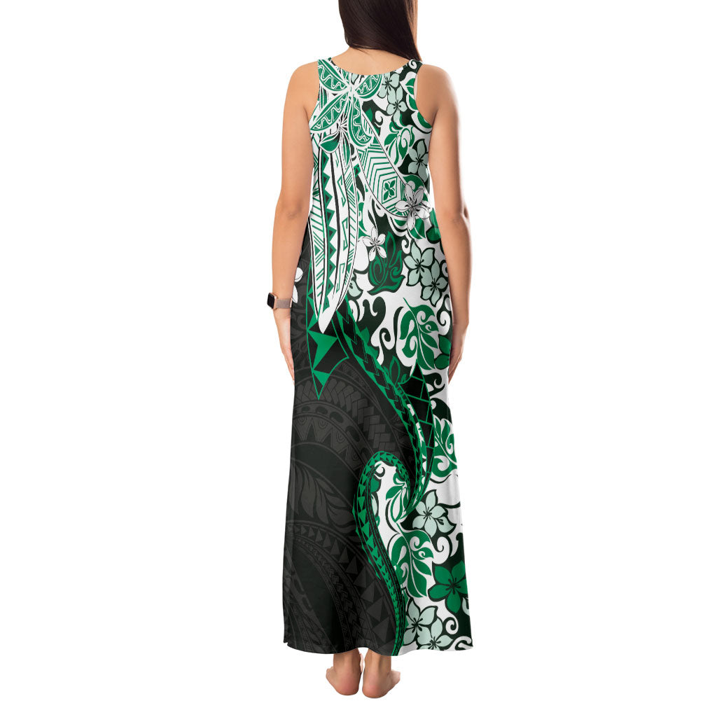 Monstera Plumeria Flowers Green Tank Maxi Dress Polynesian Pattern