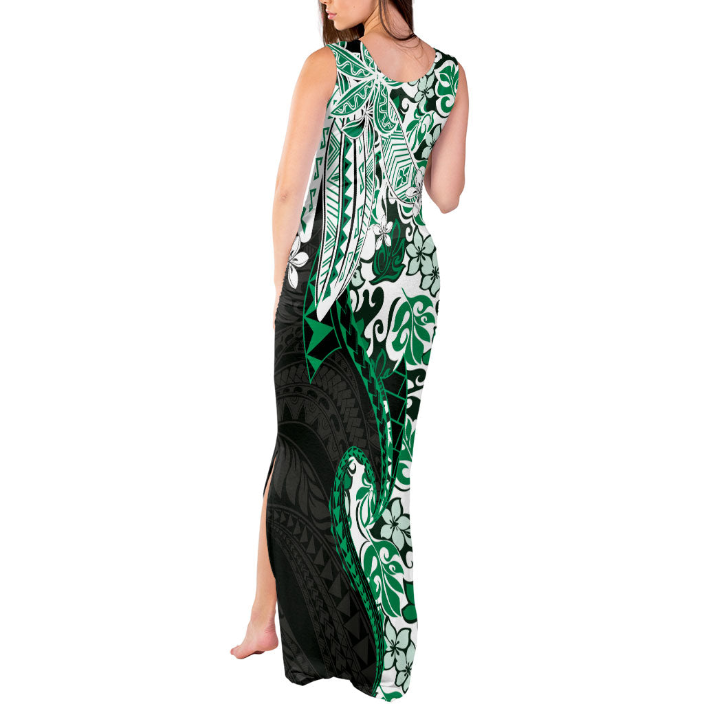 Monstera Plumeria Flowers Green Tank Maxi Dress Polynesian Pattern