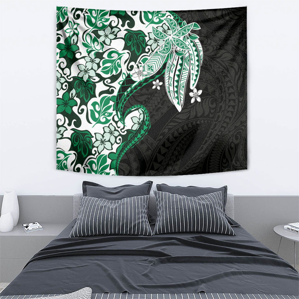 Monstera Plumeria Flowers Green Tapestry Polynesian Pattern