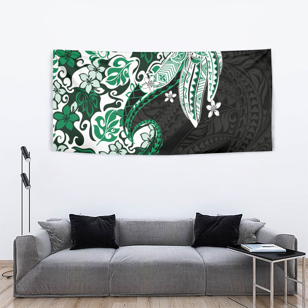 Monstera Plumeria Flowers Green Tapestry Polynesian Pattern