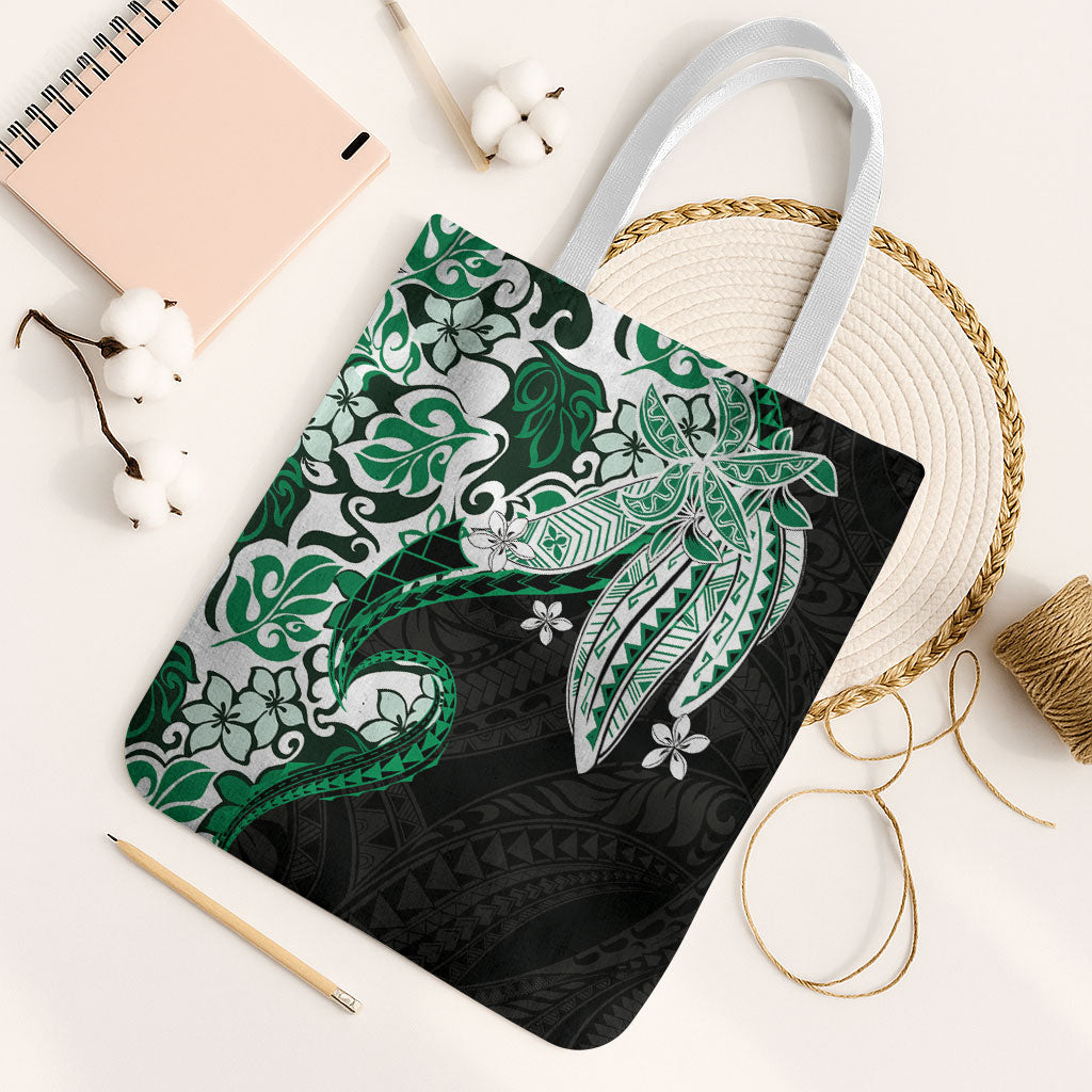 Monstera Plumeria Flowers Green Tote Bag Polynesian Pattern