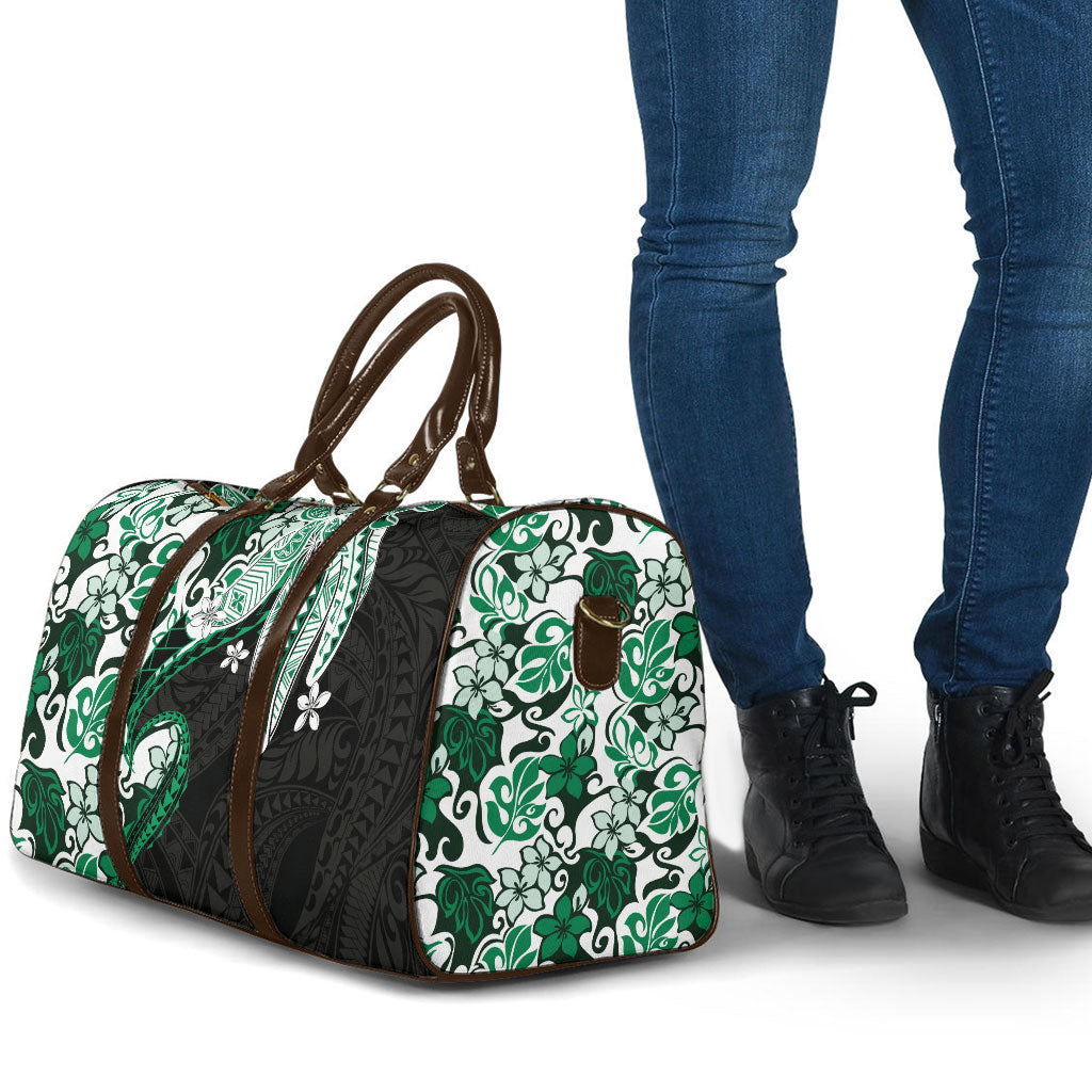 Monstera Plumeria Flowers Green Travel Bag Polynesian Pattern