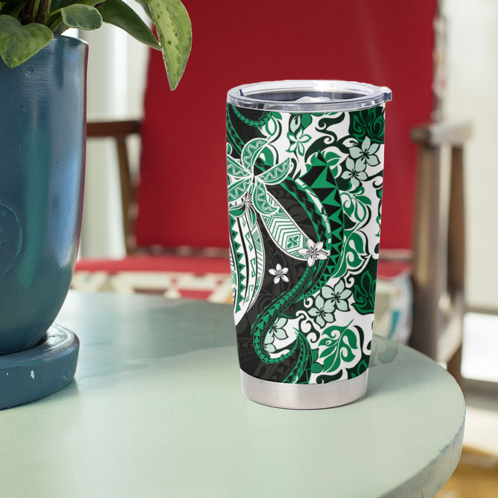 Monstera Plumeria Flowers Green Tumbler Cup Polynesian Pattern
