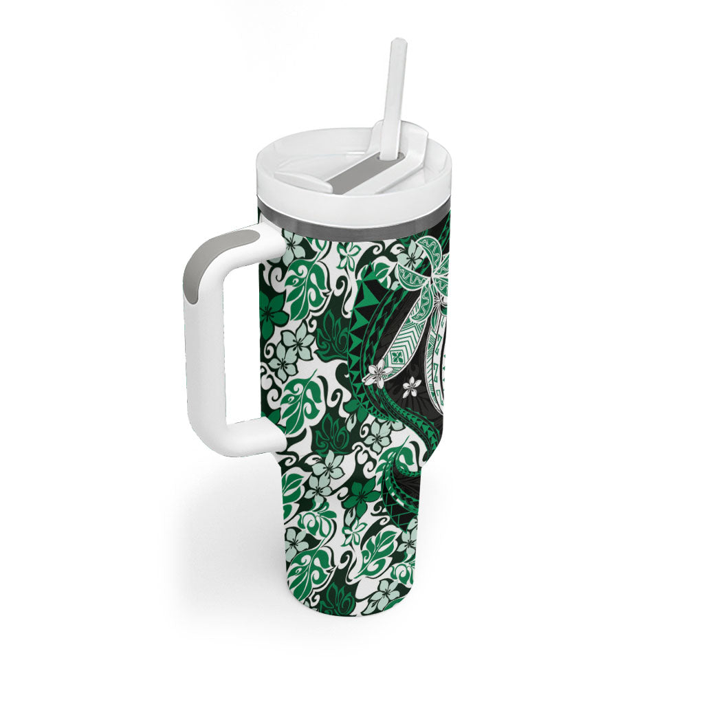 Monstera Plumeria Flowers Green Tumbler With Handle Polynesian Pattern