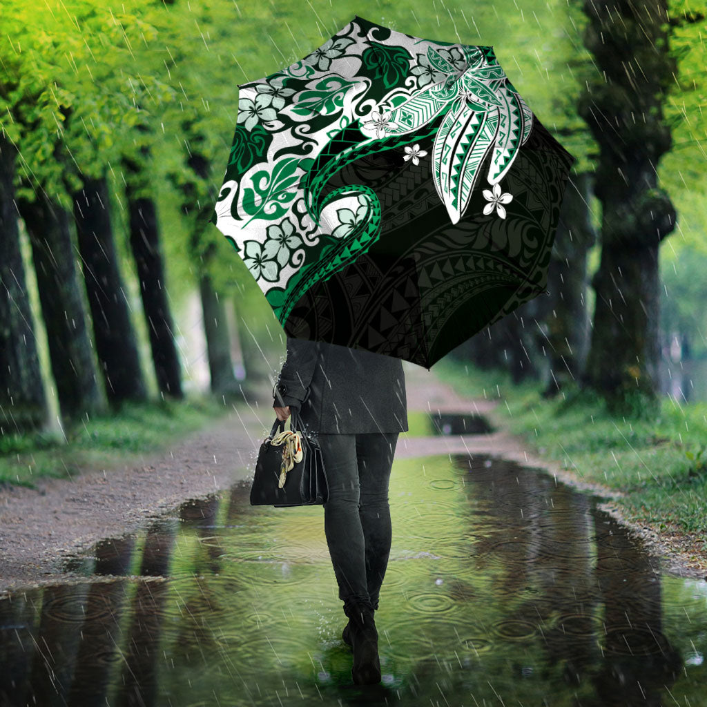 Monstera Plumeria Flowers Green Umbrella Polynesian Pattern