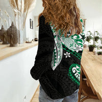 Monstera Plumeria Flowers Green Women Casual Shirt Polynesian Pattern