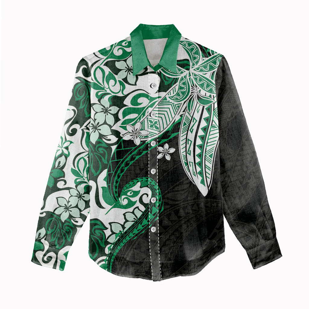 Monstera Plumeria Flowers Green Women Casual Shirt Polynesian Pattern