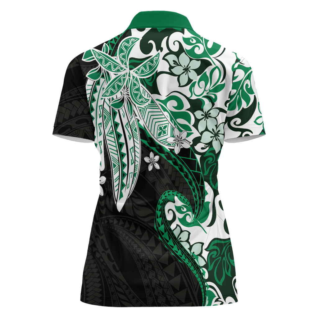 Monstera Plumeria Flowers Green Women Polo Shirt Polynesian Pattern
