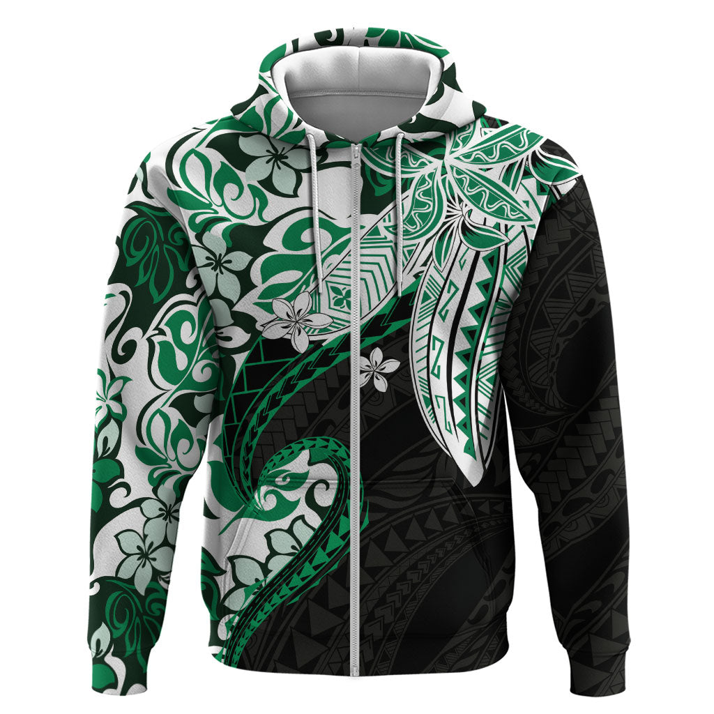 Monstera Plumeria Flowers Green Zip Hoodie Polynesian Pattern