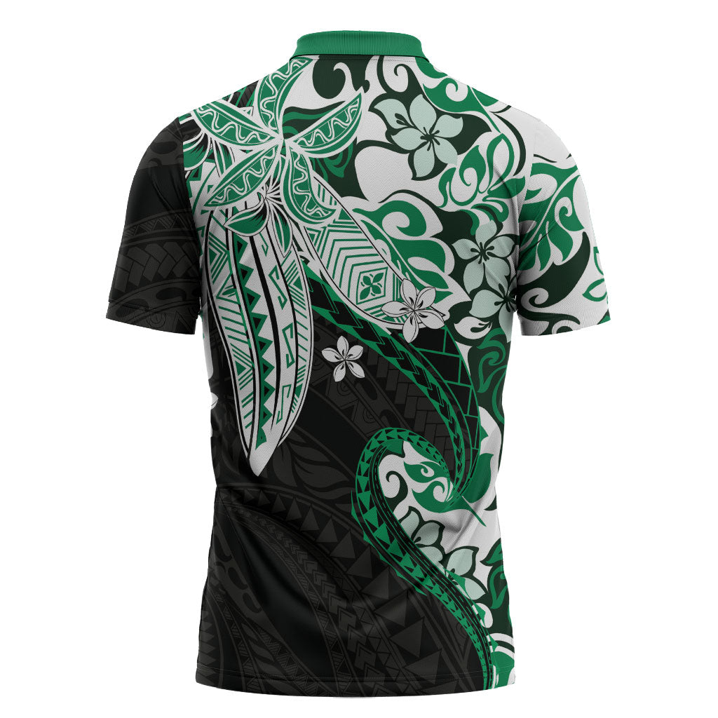 Monstera Plumeria Flowers Green Zipper Polo Shirt Polynesian Pattern