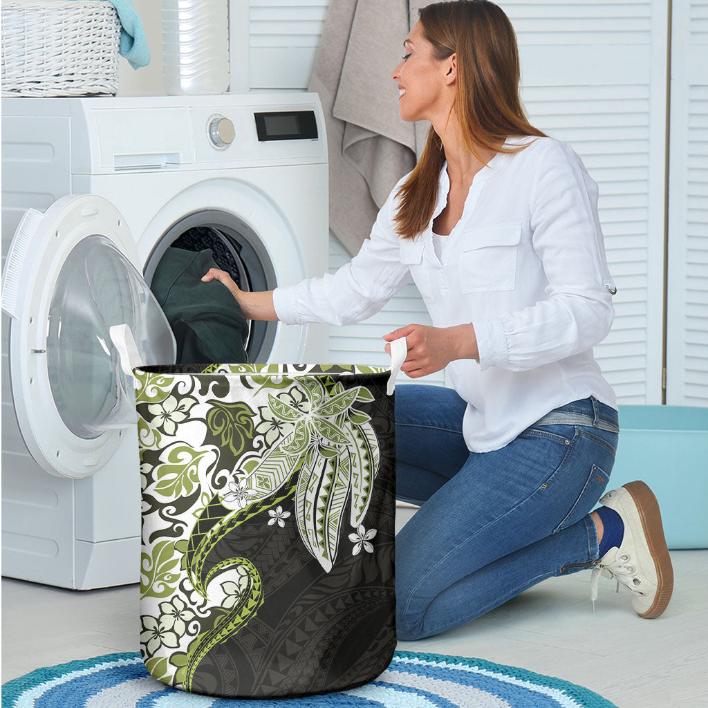 Monstera Plumeria Flowers Olive Green Laundry Basket Polynesian Pattern