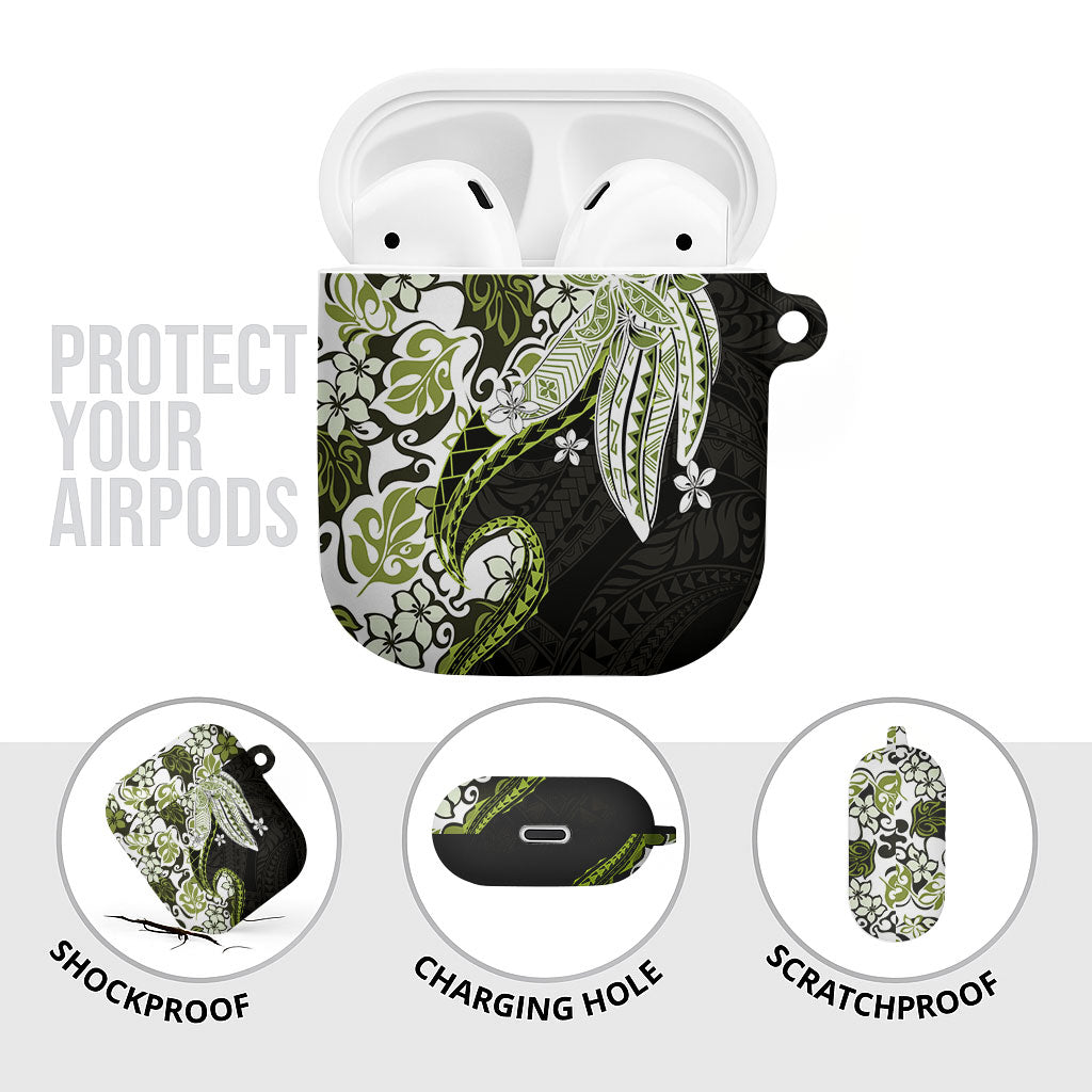 Monstera Plumeria Flowers Olive Green AirPods Case Polynesian Pattern