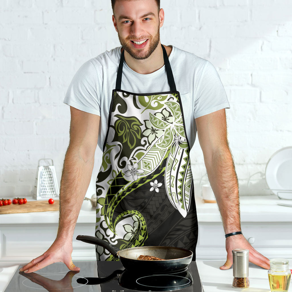 Monstera Plumeria Flowers Olive Green Apron Polynesian Pattern