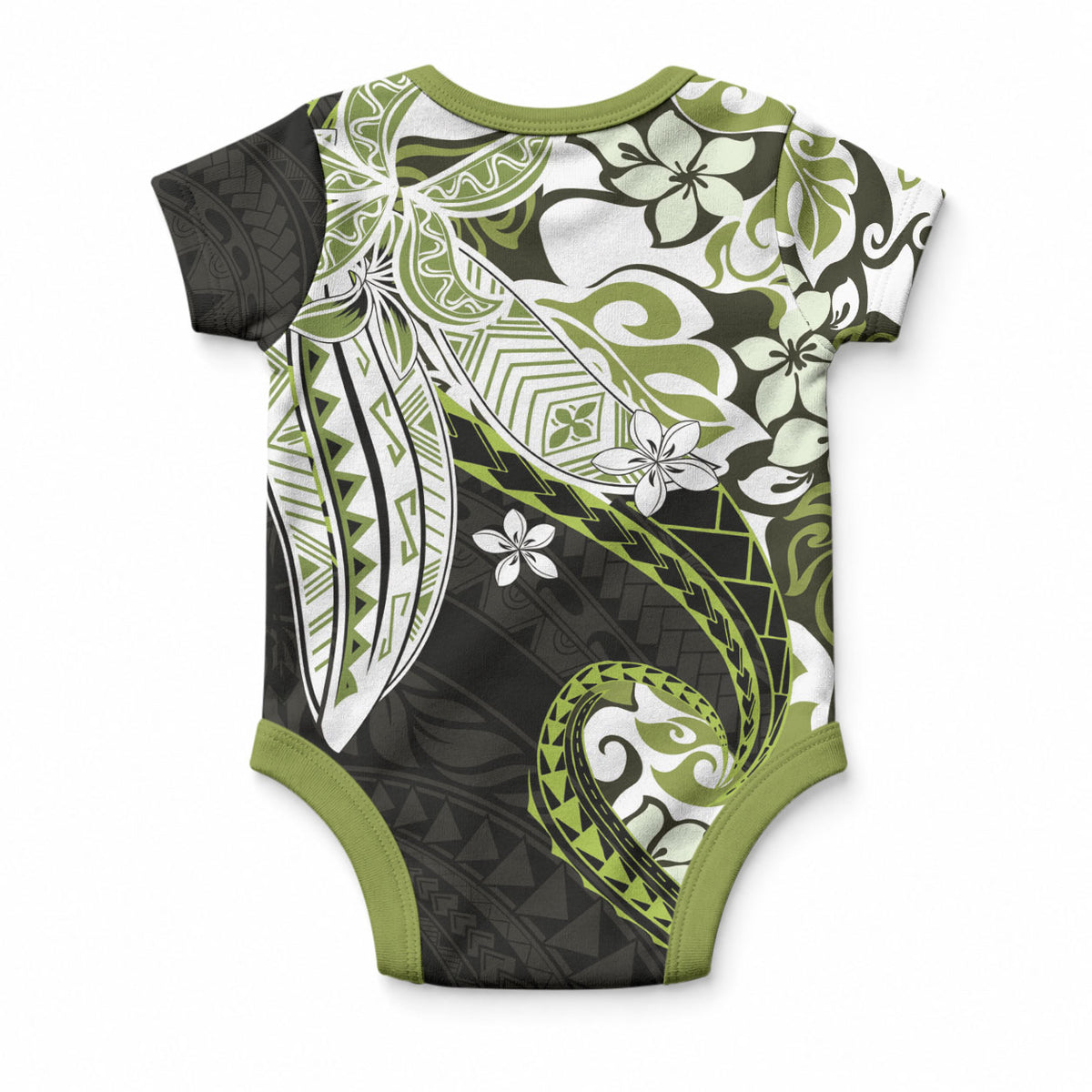 Monstera Plumeria Flowers Olive Green Baby Onesie Polynesian Pattern LT01 - Polynesian Pride