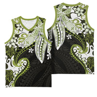 Monstera Plumeria Flowers Olive Green Basketball Jersey Polynesian Pattern