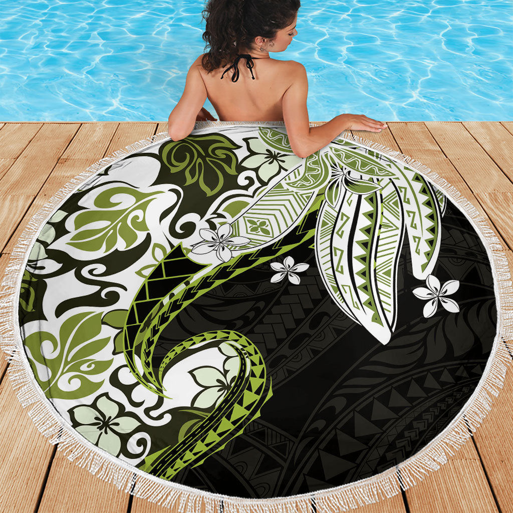 Monstera Plumeria Flowers Olive Green Beach Blanket Polynesian Pattern