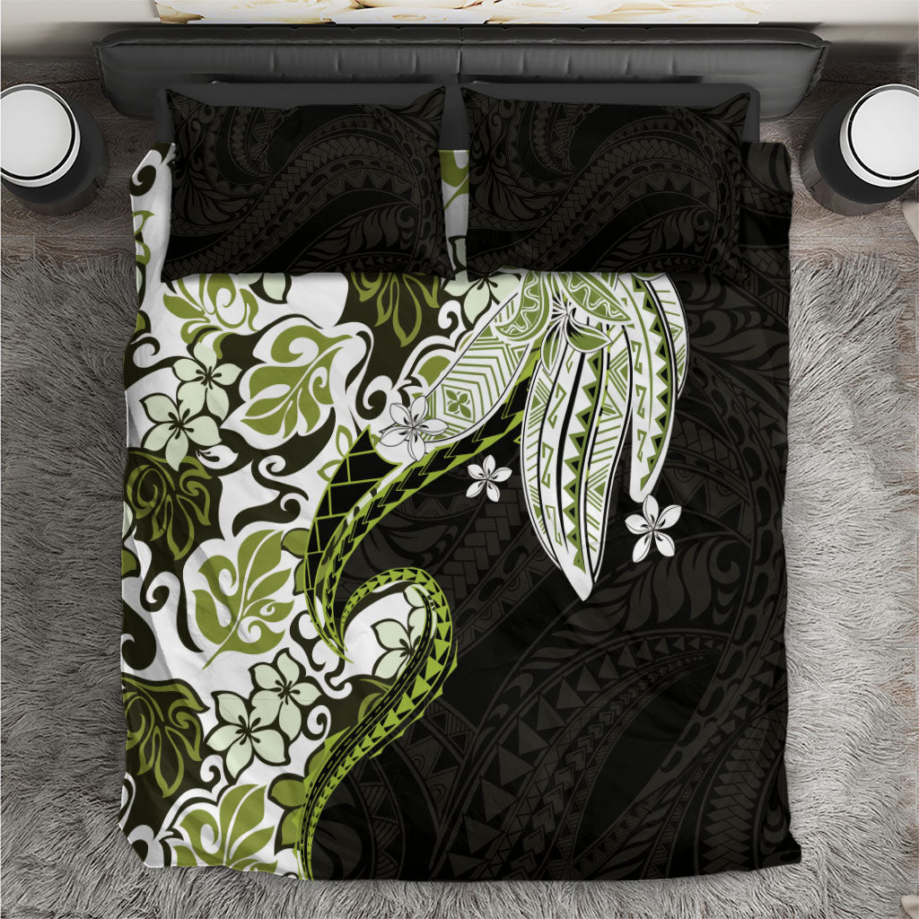 Monstera Plumeria Flowers Olive Green Bedding Set Polynesian Pattern