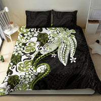 Monstera Plumeria Flowers Olive Green Bedding Set Polynesian Pattern