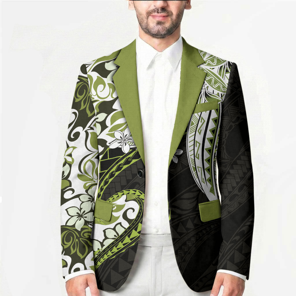 Monstera Plumeria Flowers Olive Green Blazer Polynesian Pattern