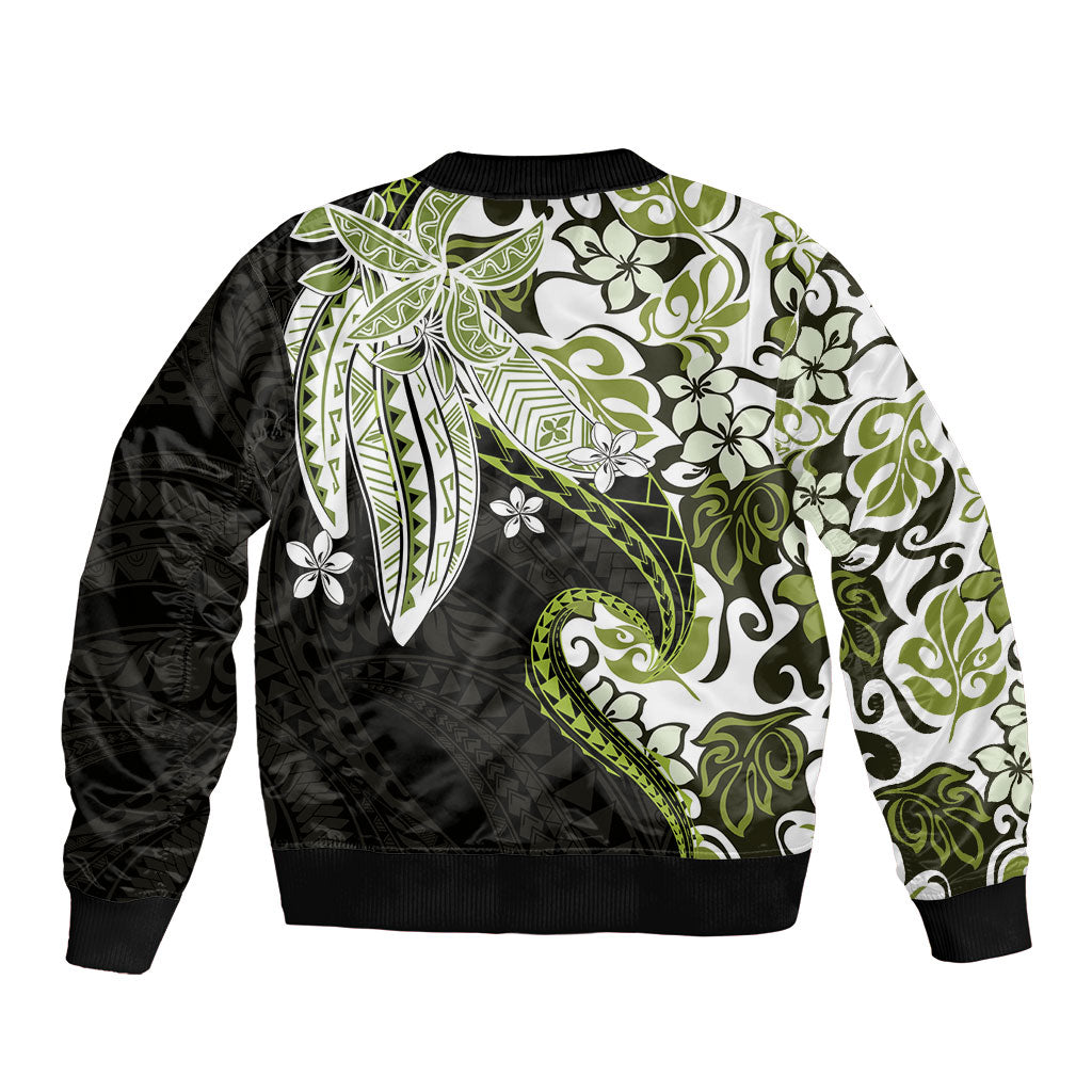 Monstera Plumeria Flowers Olive Green Bomber Jacket Polynesian Pattern