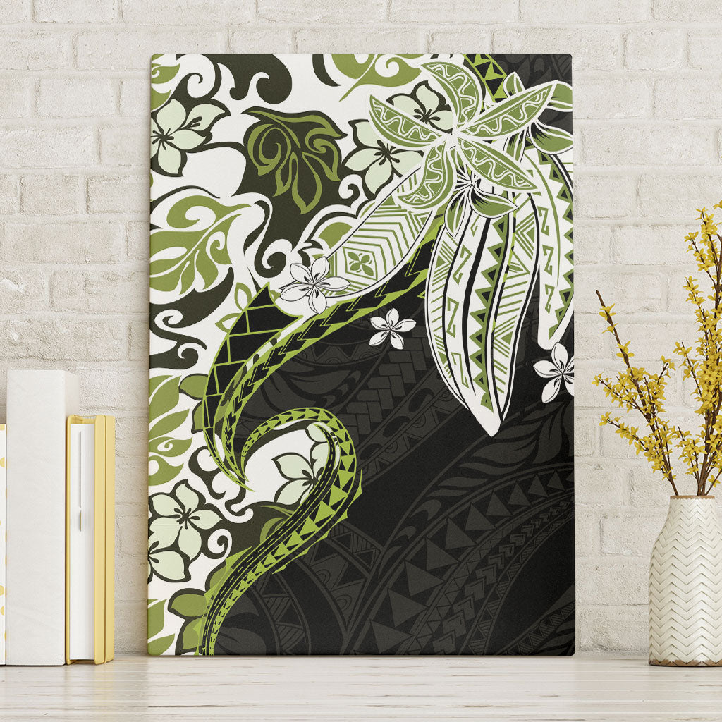 Monstera Plumeria Flowers Olive Green Canvas Wall Art Polynesian Pattern