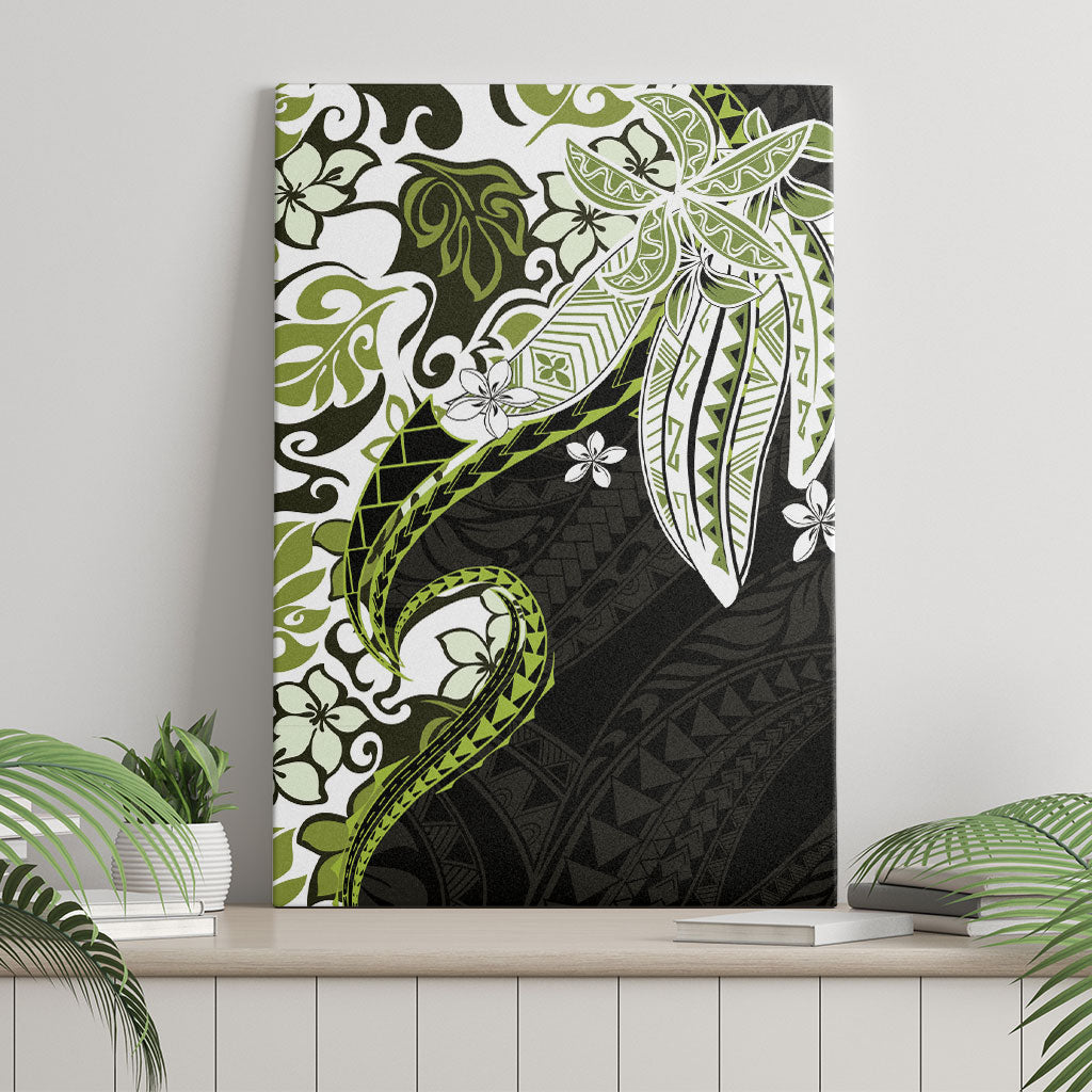 Monstera Plumeria Flowers Olive Green Canvas Wall Art Polynesian Pattern