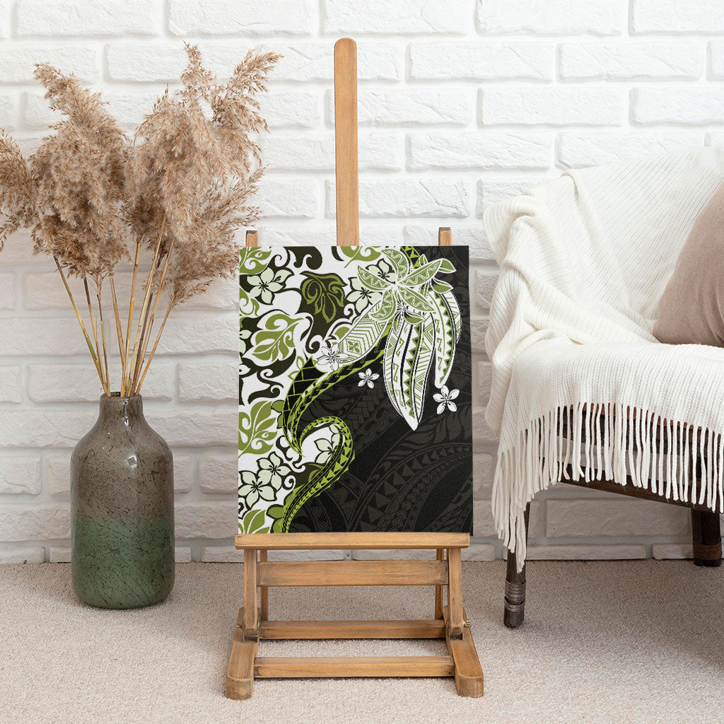 Monstera Plumeria Flowers Olive Green Canvas Wall Art Polynesian Pattern