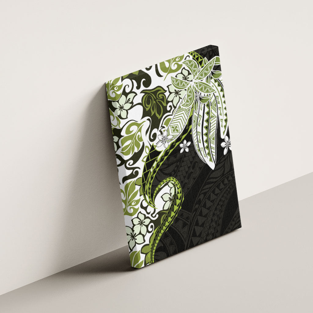 Monstera Plumeria Flowers Olive Green Canvas Wall Art Polynesian Pattern