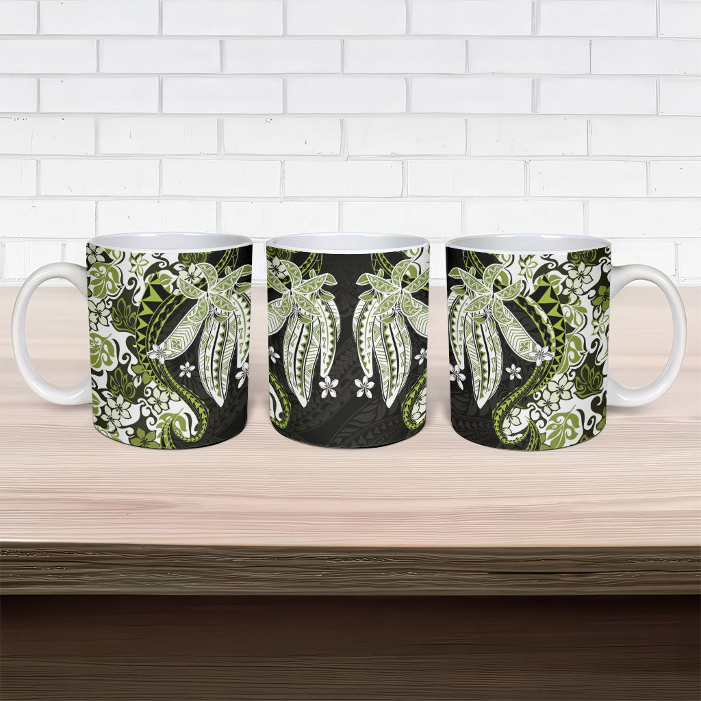 Monstera Plumeria Flowers Olive Green Ceramic Mug Polynesian Pattern