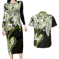 Monstera Plumeria Flowers Olive Green Couples Matching Long Sleeve Bodycon Dress and Hawaiian Shirt Polynesian Pattern