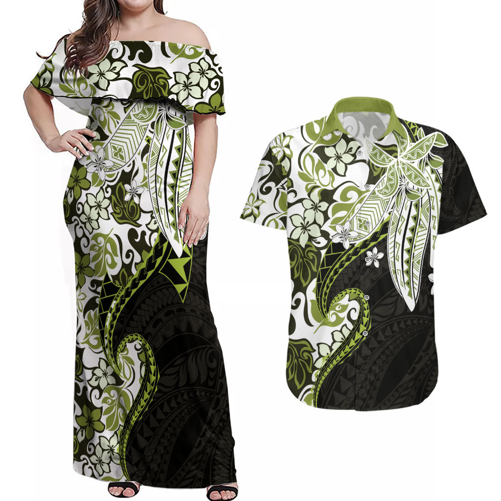 Monstera Plumeria Flowers Olive Green Couples Matching Off Shoulder Maxi Dress and Hawaiian Shirt Polynesian Pattern
