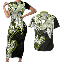 Monstera Plumeria Flowers Olive Green Couples Matching Short Sleeve Bodycon Dress and Hawaiian Shirt Polynesian Pattern